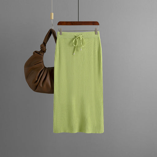 Color-Light Green-Women Knitted Skirt Type Hip Skirt Solid Color Ice Silk Mid Length Wool Skirt-Fancey Boutique