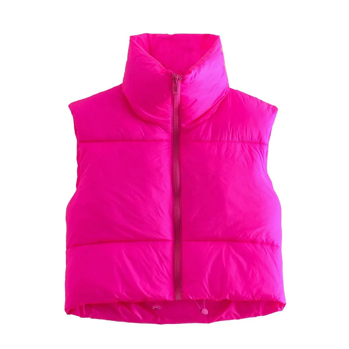 Color-Coral Red-Sleeveless Zipped Stand Collar Cotton Vest Autumn Winter Multi Color Slim Fit Cotton Padded Jacket Vest Top-Fancey Boutique