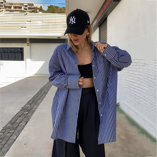 Color-Street Retro Blue White Striped Long Sleeved Shirt Women Autumn Loose Cotton Stylish Shirt Cardigan-Fancey Boutique