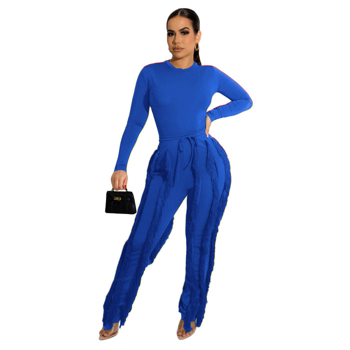 Color-Blue-Women Clothing Suit Tassel Lace Jumpsuit Two Piece Set Solid Color Sports Autumn Winter-Fancey Boutique