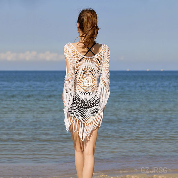 Color-Shirt Long Sleeve Bikini Knitted Beach Cover Up Hand Crocheting Hollow Out Cutout Out Knitted Dress-Fancey Boutique
