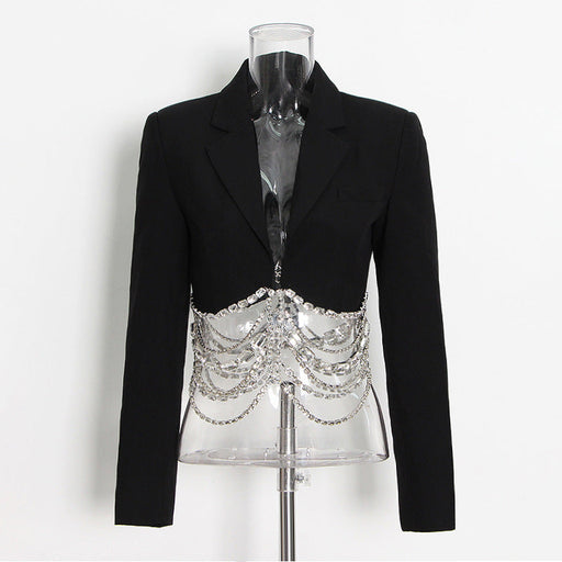 Color-Black Suit-Skirt Set Autumn Rhinestone Chain Stitching Black Short Sheath Slim Skirt-Fancey Boutique