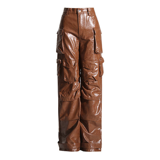Color-Unique Design Trousers Autumn High Waist Large Pocket Faux Leather Straight Leg Pants Profile Women-Fancey Boutique