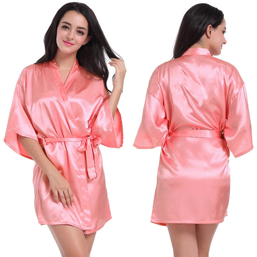 Color-watermelon red-Ladies Robe Artificial Silk Satin Kimono Gown Glossy Solid Color Thin Cardigan Gown Summer Sexy Short Bathrobe-Fancey Boutique