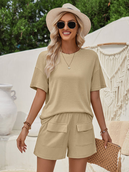 Color-Summer Women Clothing Casual Loose round Neck Solid Color Short Sleeve Top Shorts Set-Fancey Boutique