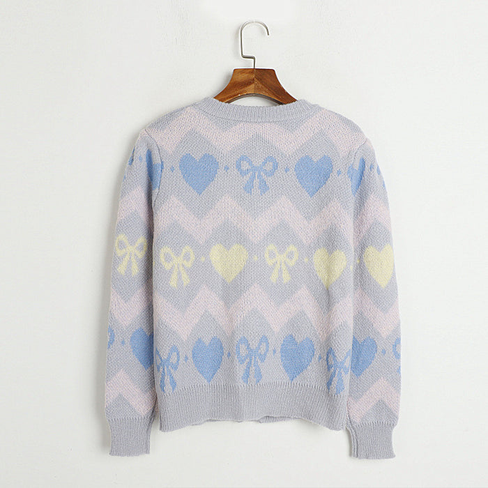 Color-Heart Shaped Bow Brocade Sweater Autumn Winter Korean Loose Round Neck Single Breasted Sweater Women-Fancey Boutique