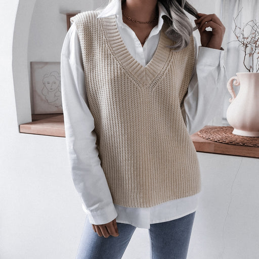 Color-Autumn Winter V-neck Casual Loose Knitted Sweater Vest Jacket Women Clothing-Fancey Boutique