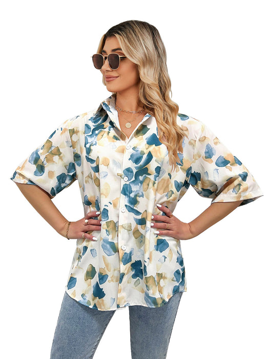 Color-Women Summer Printed Single Breasted Short Sleeve Top-Fancey Boutique