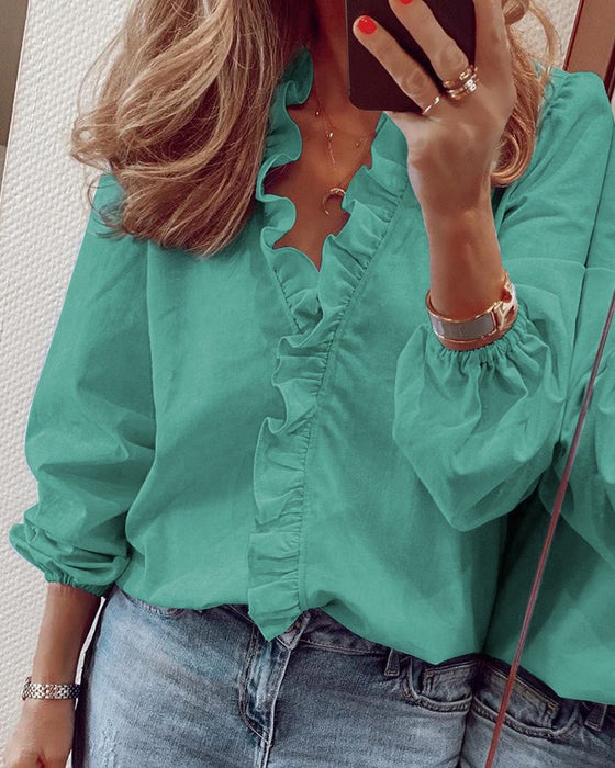 Color-Green-Spring Summer Long Sleeve Ruffle Blouse Women Shirt-Fancey Boutique