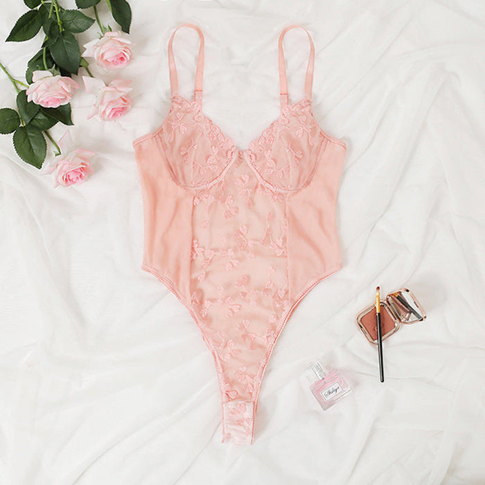 Color-Apricot Pink-Sexy Small Heart Printing Transparent Mesh Jumpsuit Sexy Suit-Fancey Boutique