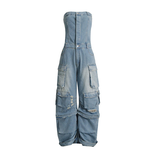 Color-Summer Multi Pocket Ripped Waist Slimming Sexy Tube Top Tooling Denim Jumpsuit Women-Fancey Boutique