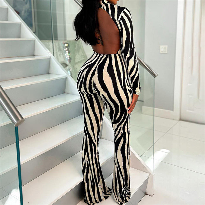 Color-Autumn Winter Women Clothing Sexy Backless Vintage Stripe Slim Fit Micro Pull Jumpsuit-Fancey Boutique