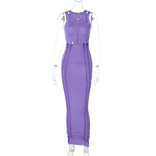 Color-Purple-Women Clothing Summer Solid Color Hollow Out Cutout Slim round Neck Sleeveless Dress-Fancey Boutique