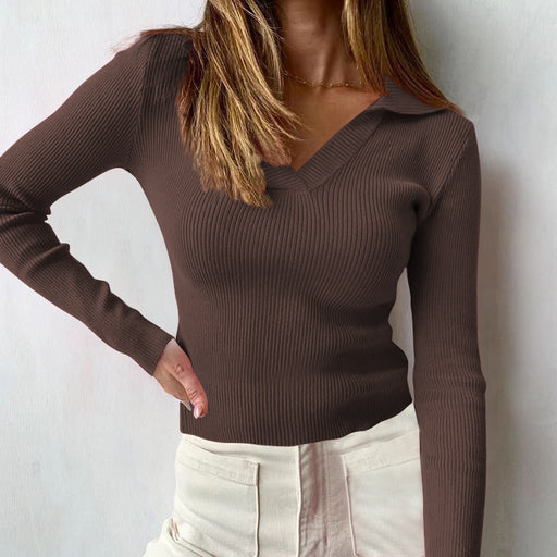 Color-French Elegant Polo Collar Top Autumn Winter Women Clothing Tight Cotton Sunken Stripe Deep V Plunge Long Sleeve T shirt-Fancey Boutique