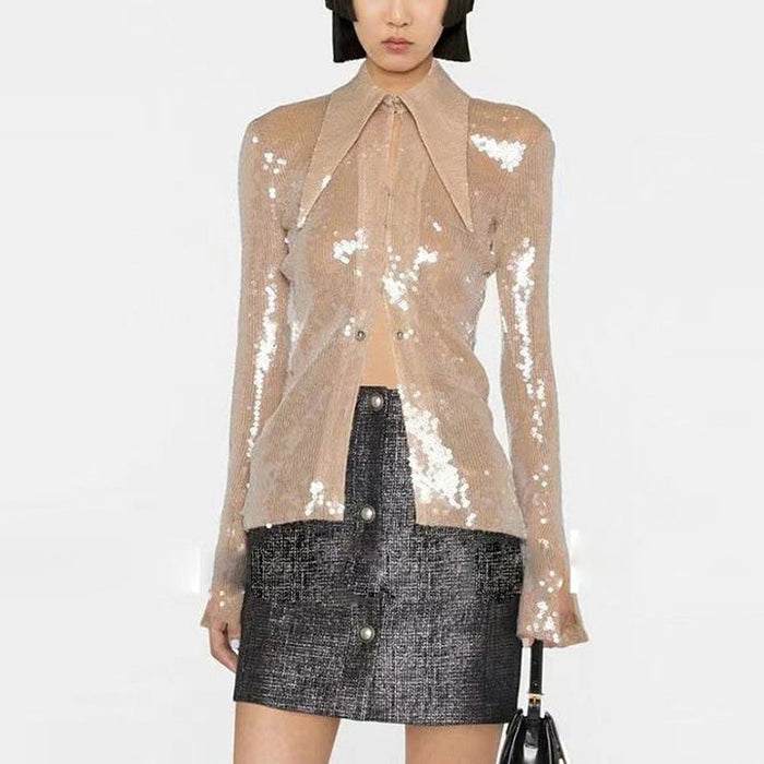 Color-Star Fashionable with Side Slit Bell Sleeve Transparent Sequ Glitter Gauzy Shirt Top-Fancey Boutique