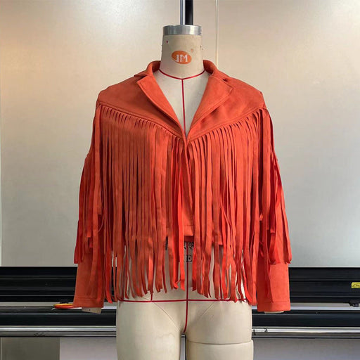 Color-Orange-Women Clothing Jacket Leather Coat Suede Elegant Collared Tassel Short Coat for Women Autumn Winter-Fancey Boutique