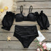 Color-Black-Split Swimsuit Women Strap Tube Top Puff Short Sleeve High Waist Bikini Bikini Solid Color-Fancey Boutique