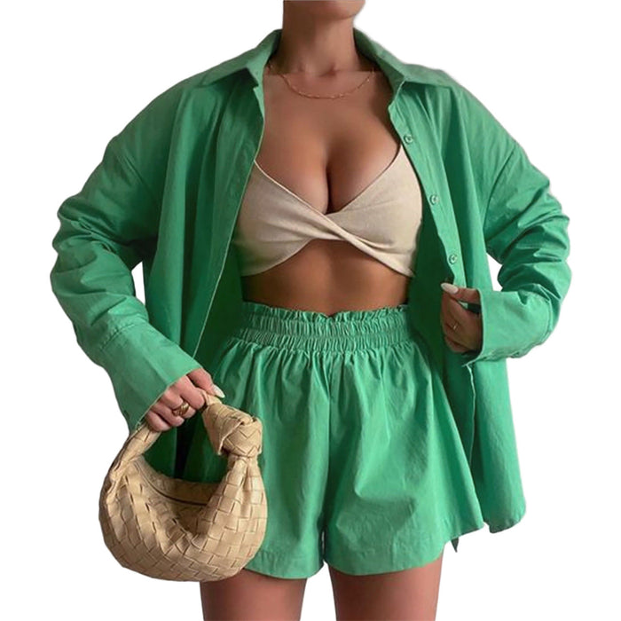 Color-Green-Women Clothing Spring/Summer Single-Breasted Shirt Long Sleeve Solid Color Casual Two-Piece Suit-Fancey Boutique