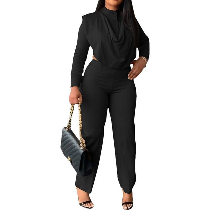 Color-Black-Spring Summer Outfit Solid Color round Neck Casual Top Slim Trousers Elegant Set-Fancey Boutique