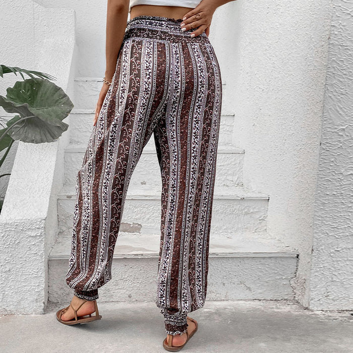 Color-Trousers Summer National Smocking High Waist Print Pants-Fancey Boutique