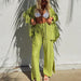 Color-Green-Women Spring Summer Set Pleated Shirt Long Sleeve Collared Cardigan Split Trousers Pajamas Two Piece-Fancey Boutique