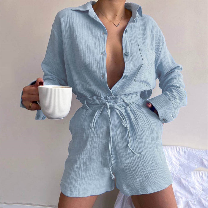 Color-Women Clothing Suit Pure Cotton Summer Collared Long Sleeve Shirt High Waist Pocket Shorts Two Piece Set-Fancey Boutique