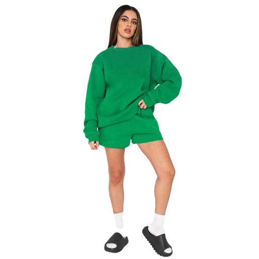 Color-Green-Cotton Autumn Winter Solid Color round Neck Pullover Long Sleeve Sweater Women Casual Shorts Set-Fancey Boutique