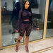 Color-Black-Women Nightclub Stretch Tight Eye Mesh Long Sleeve Shorts Two-Piece Suit-Fancey Boutique
