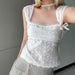 Color-Pure Sweet Off Neck Lace Bow Stitching Slim Fit Girlish Solid Color Jacquard Short Vest-Fancey Boutique