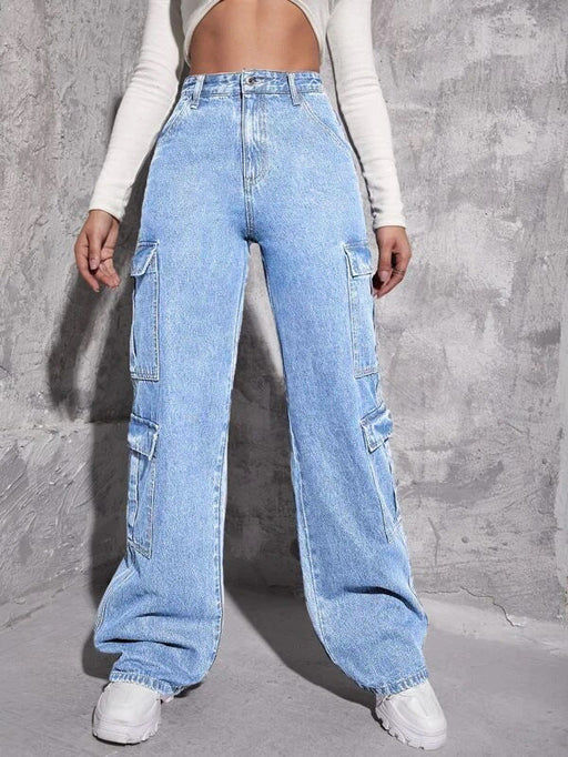 Color-Light Blue-Multi Bag Jeans Women High Waist Straight Leg Pants Washed Loose Denim Trousers-Fancey Boutique