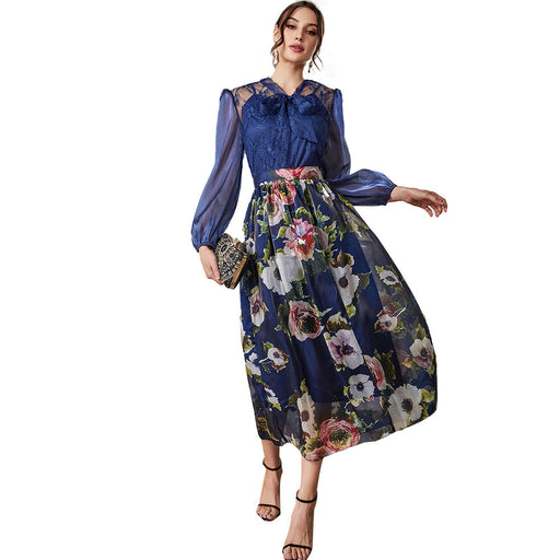 Color-Blue-Round Neck Tulle Elegant Pattern High Waist Print Elegant Outfit-Fancey Boutique
