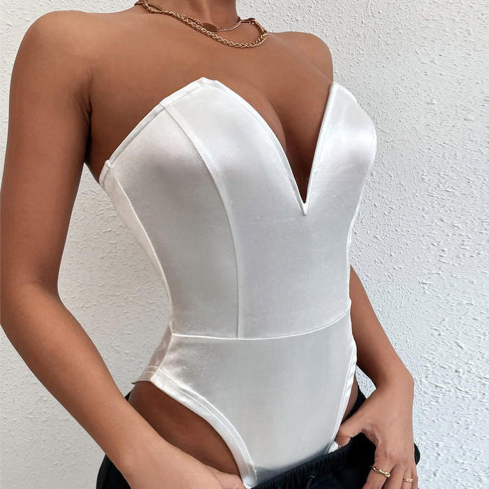Color-Women Tight Bottoming Shirt Slim Fit Figure Flattering Bodysuit Sexy V-neck Tube Top Bodysuit-Fancey Boutique