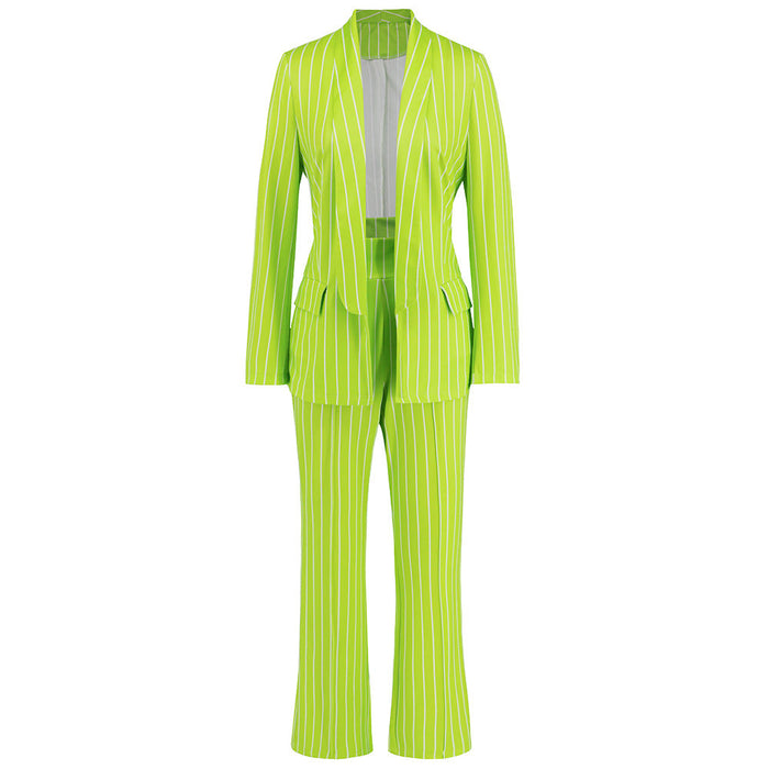 Color-Green-Autumn Winter Casual Striped Blazer Straight Wide Leg Pants Suit Two Piece Suit-Fancey Boutique