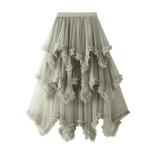 Color-Matcha-Wooden Ear Irregular Asymmetric Mesh Tiered Skirt Mid Length High Waist Big Swing Puffy Fairy Gauze Dress Long Skirt-Fancey Boutique