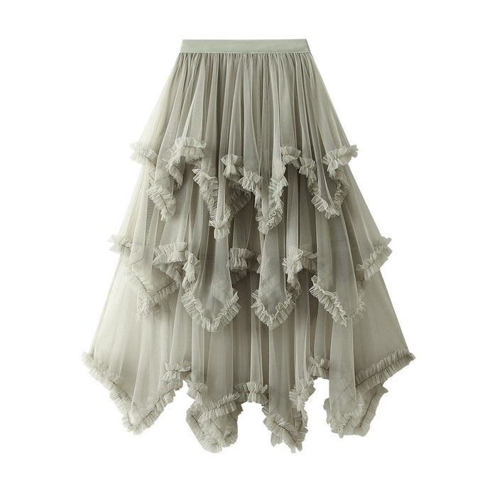 Color-Matcha-Wooden Ear Irregular Asymmetric Mesh Tiered Skirt Mid Length High Waist Big Swing Puffy Fairy Gauze Dress Long Skirt-Fancey Boutique