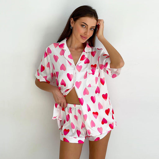 Color-Heart Printing Pajamas Women Summer Short Sleeve Shorts Suit Loose Ice Silk Home Wear-Fancey Boutique