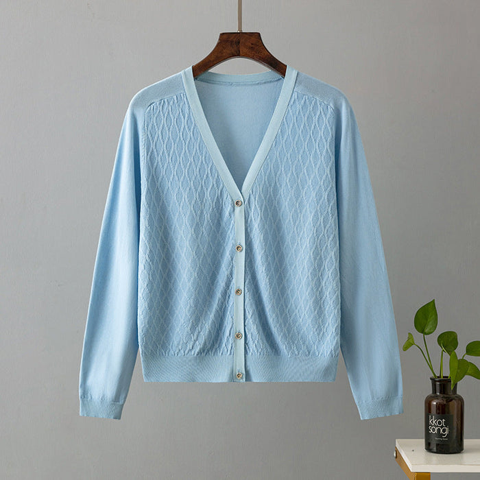 Color-Ice Blue-Ice Silk Thin Cardigan Women Sweater Summer Loose Western Gentle Outer Shawl Air Conditioning Shacket Women-Fancey Boutique