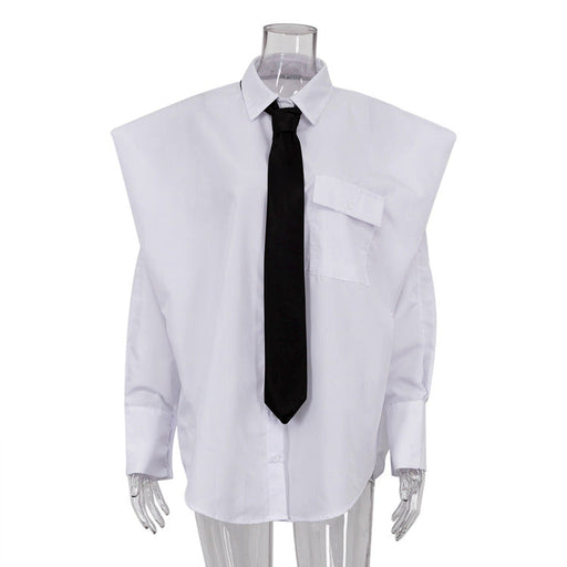 Color-White-Autumn Women Long Sleeved Collared Shirt Women Niche Tie White Shirt-Fancey Boutique
