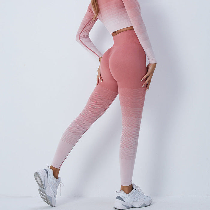 Color-Orange Pink Pants-Gradient Sports Long Sleeve Trousers Suit Fitness Running Yoga Long Sleeve Tights-Fancey Boutique