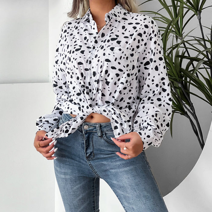 Color-White-Women Clothing Collared Print Shirt Long Sleeve Leopard Casual Print-Fancey Boutique