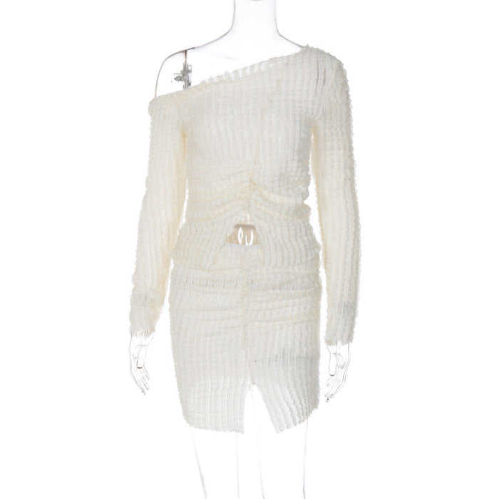 Color-Apricot-Summer Solid Color Shoulder Long Sleeve Top Slim Fit Slit Skirt Outfit-Fancey Boutique