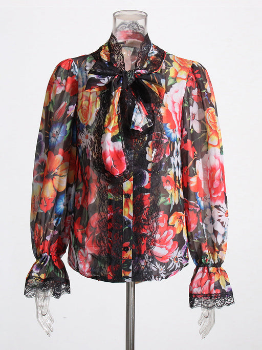 Color-Multi-Elegant Vacation Printed Shirt Autumn Lace Bow Bell Sleeve Loose Top-Fancey Boutique