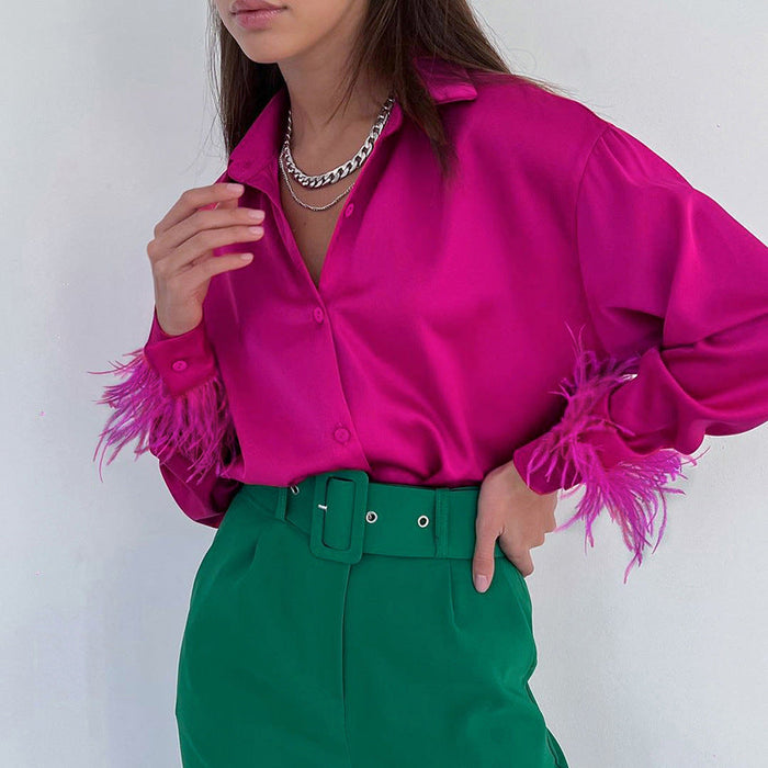 Color-Summer New Fashion Casual Shirt All-Matching Women Wear Ice Silk Feather Stitching Ostrich Feather-Fancey Boutique