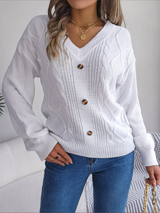 Color-Autumn Winter Solid Color V neck Buttons Twist Lantern Sleeve Pullover Sweater Women Clothing-Fancey Boutique