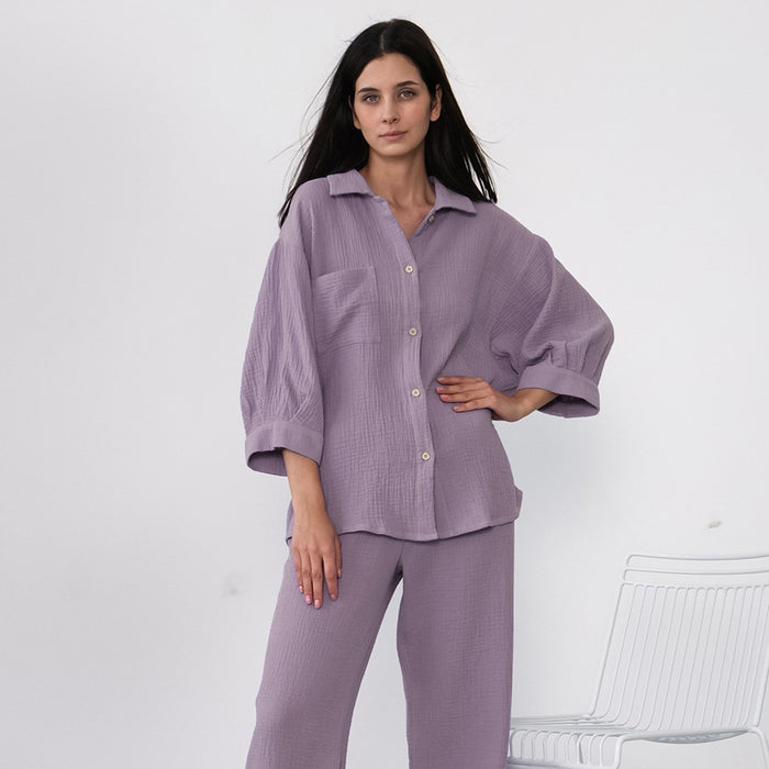 Color-Comfortable Skin Friendly Winter Pajamas Women Bubble Wrinkle Cotton Lantern Sleeve Home Wear Can Be Worn outside-Fancey Boutique