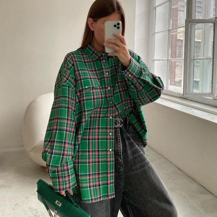 Color-Women Clothing Autumn Winter Retro Loose Plaid Shacket Collared Long Sleeve Shirt-Fancey Boutique