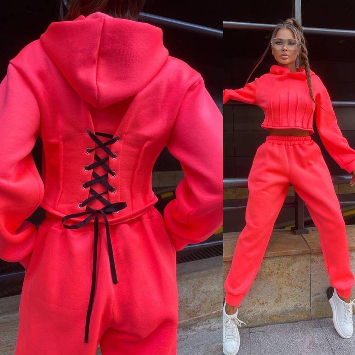 Color-Hoodie Set Women Fall Winter Cinched Hoodie Sweater Casual Jogger Pants Two Piece Set-Fancey Boutique