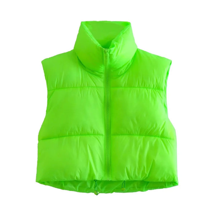 Color-fluorescent green-Sleeveless Zipped Stand Collar Cotton Vest Autumn Winter Multi Color Slim Fit Cotton Padded Jacket Vest Top-Fancey Boutique