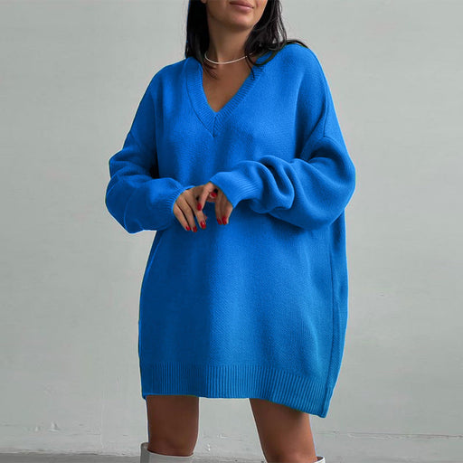 Color-Autumn Winter Long Sleeve V Neck Casual Loose Knitted Pullover Long Sweater Dress Knitwear For Women-Fancey Boutique