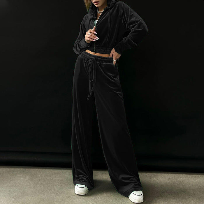Color-Black-Solid Color Long Sleeve Hooded Jacket Women Graceful Casual Pants Set-Fancey Boutique